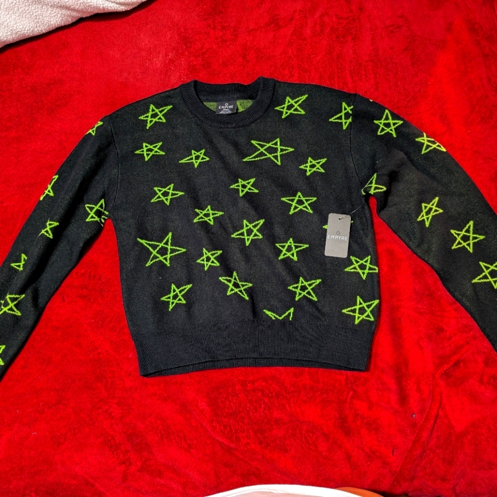 Empyre Black Sweater with Neon Green Star Design